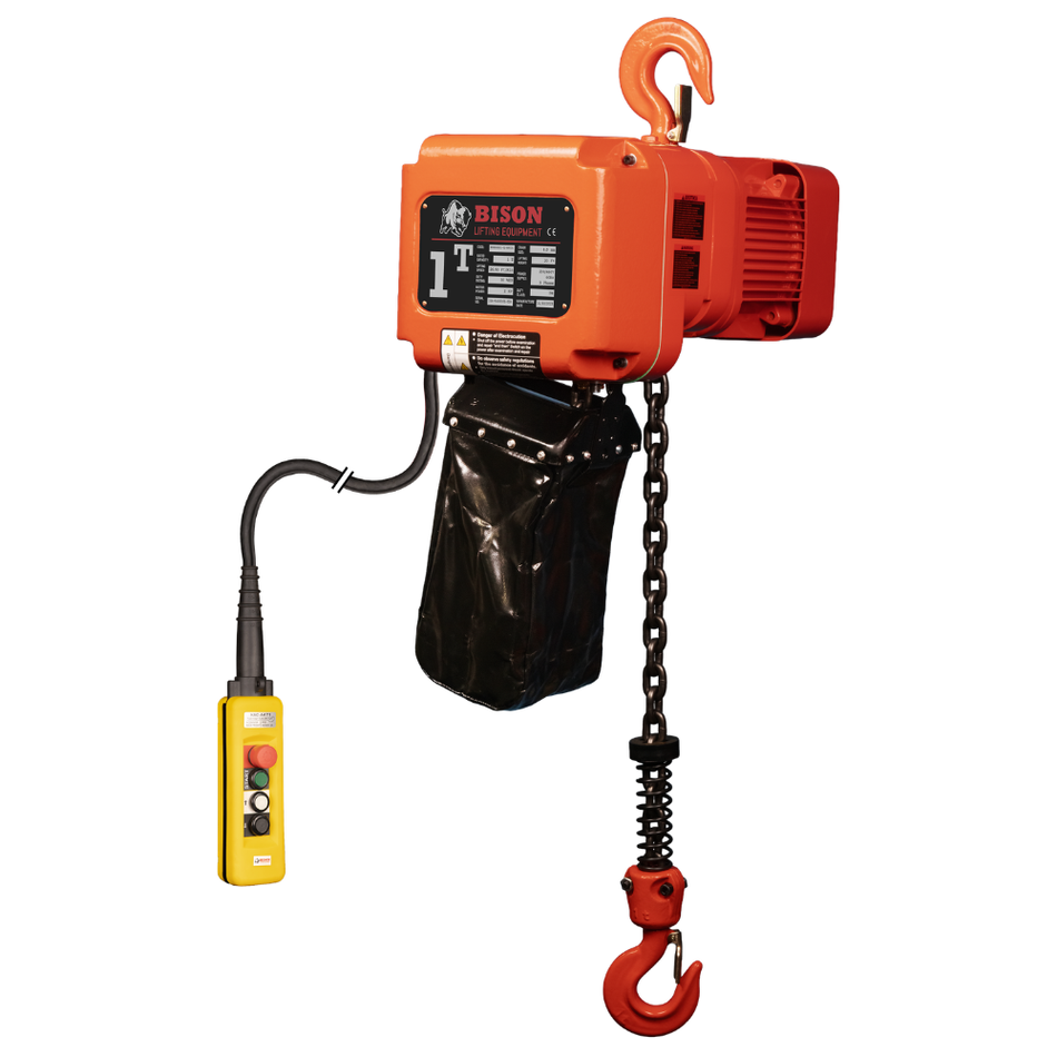 1 ton Electric Chain Hoist w/ Push Trolley - 20ft Lift - Single Speed, Three Phase - Bison Lifting