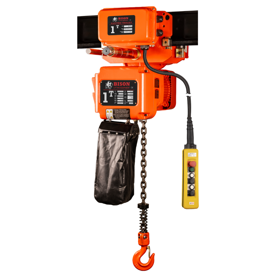 1 ton Electric Chain Hoist w/ Motorized Trolley - 20ft Lift - Single Speed, Three Phase - Bison Lifting