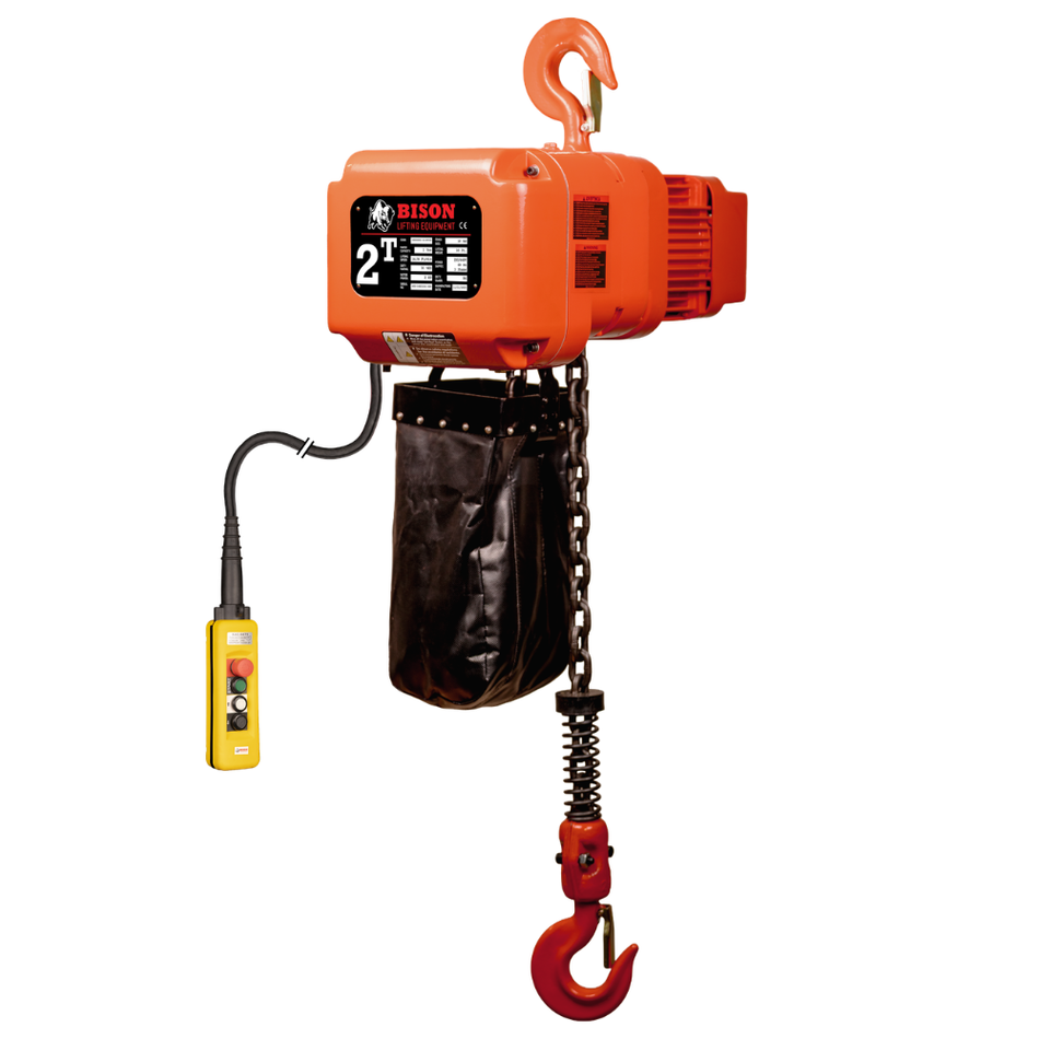 2 ton Electric Chain Hoist w/ Push Trolley - 20ft Lift - Single Speed, Three Phase - Bison Lifting