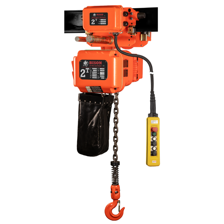 2 ton Electric Chain Hoist w/ Motorized Trolley - 20ft Lift - Single Speed, Three Phase - Bison Lifting