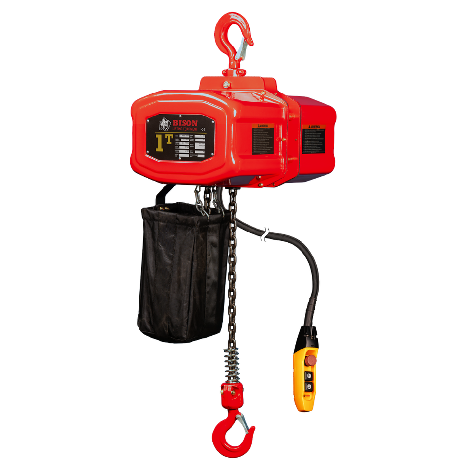 1 ton Electric Chain Hoist - 20ft Lift - Single Speed, Single Phase - Bison Lifting