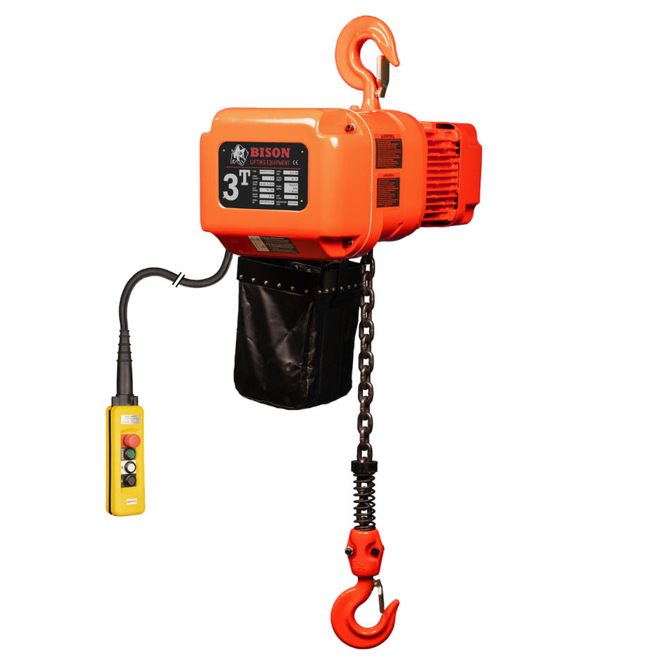3 ton Electric Chain Hoist w/ Push Trolley - 20ft Lift - Dual Speed, Three Phase - Bison Lifting
