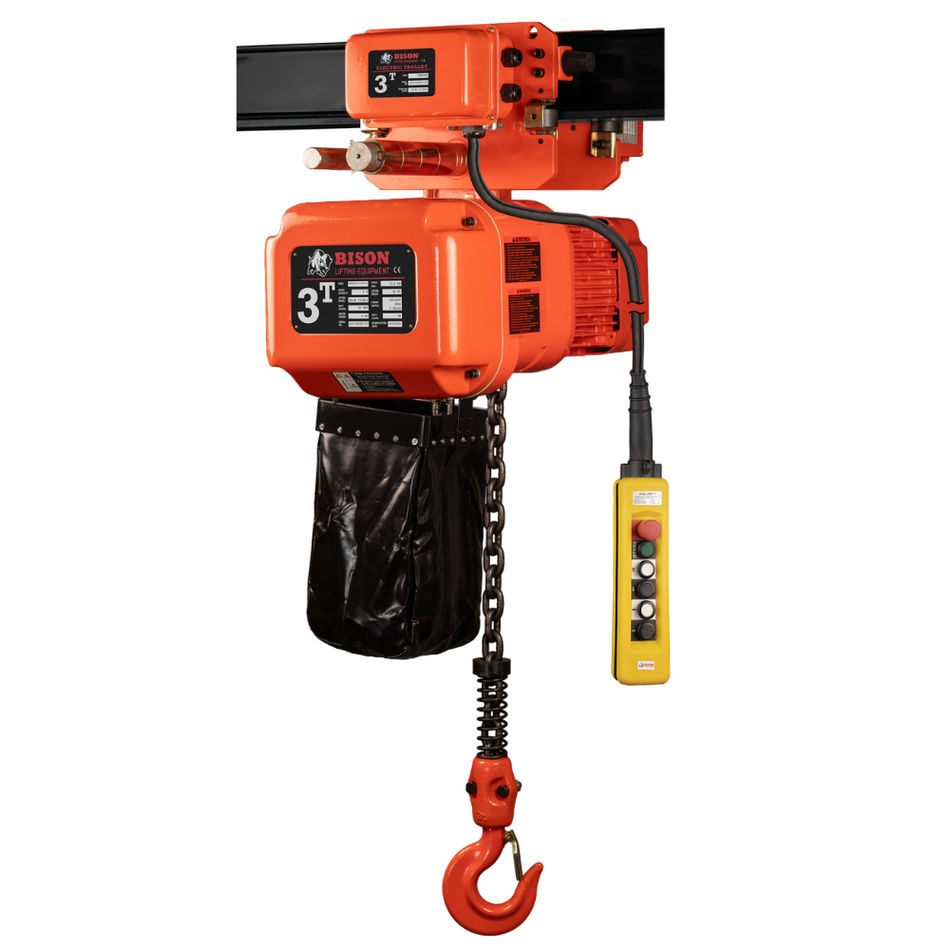 3 ton Electric Chain Hoist w/ Motorized Trolley - 20ft Lift - Single Speed, Three Phase - Bison Lifting