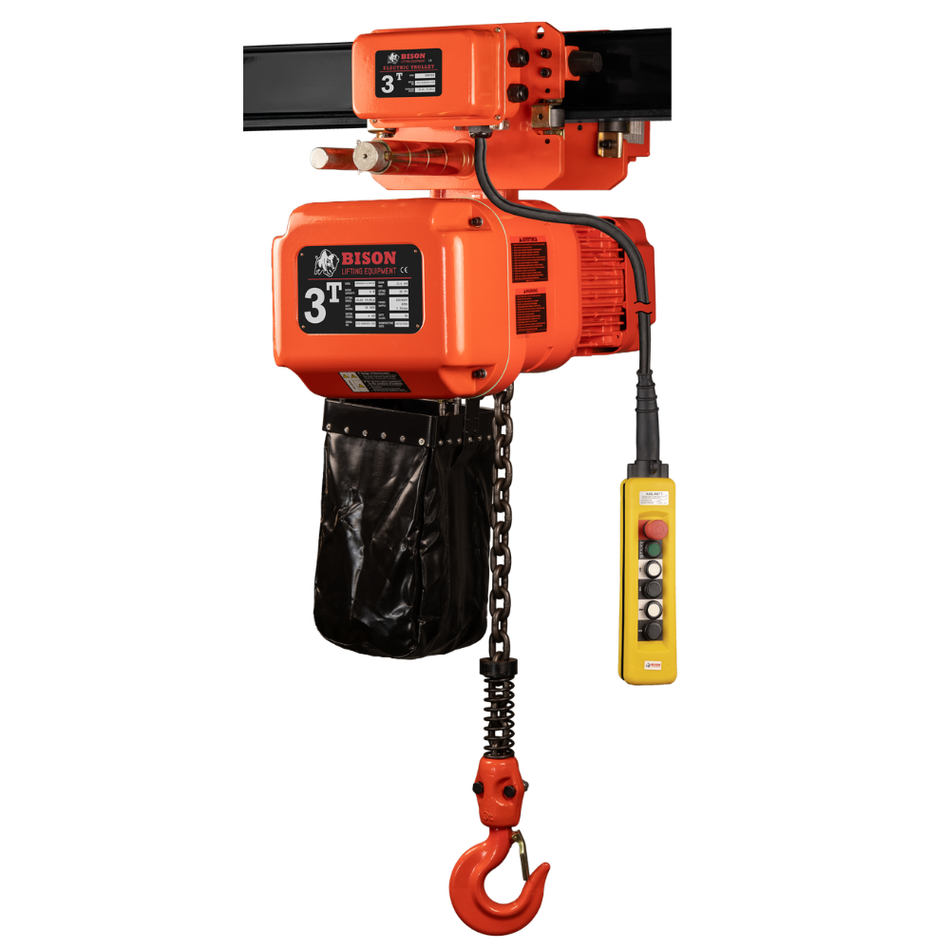 3 ton Electric Chain Hoist w/ Motorized Trolley - 20ft Lift - Dual Speed, Three Phase - Bison Lifting