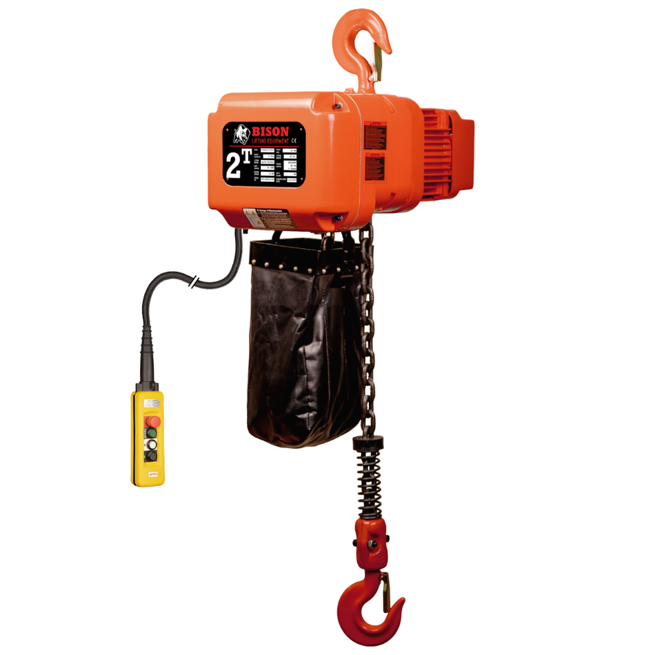 2 ton Electric Chain Hoist w/ Push Trolley - 20ft Lift - Dual Speed, Three Phase - Bison Lifting
