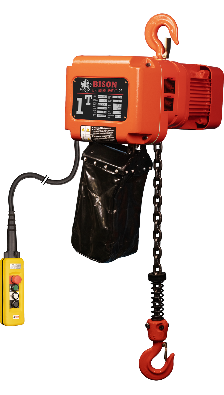 1 ton Electric Chain Hoist - 20ft Lift - Dual Speed, Three Phase - Bison Lifting