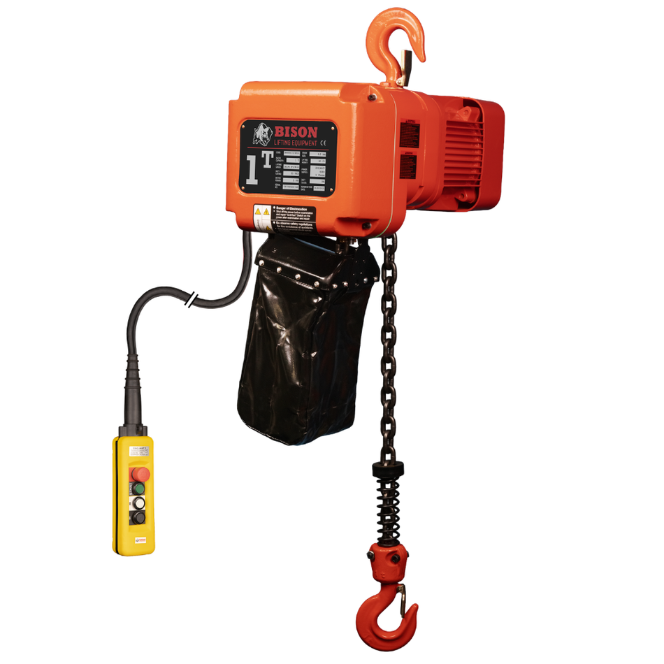 1 ton Electric Chain Hoist w/ Push Trolley - 20ft Lift - Dual Speed, Three Phase - Bison Lifting