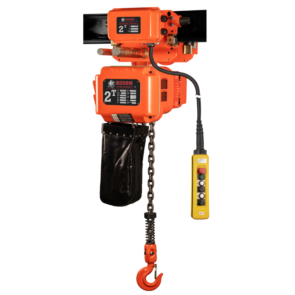 2 ton Electric Chain Hoist w/ Motorized Trolley - 20ft Lift - Dual Speed, Three Phase - Bison Lifting