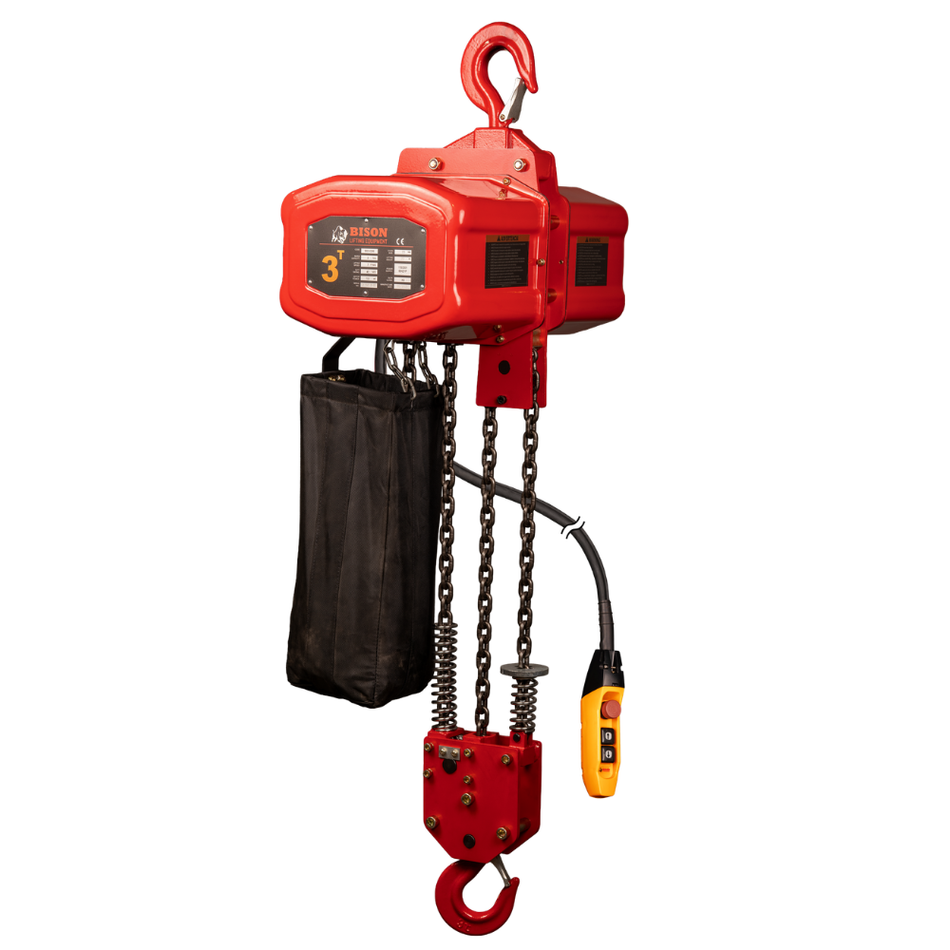 3 ton Electric Chain Hoist - 20ft Lift - Single Speed, Single Phase - Bison Lifting