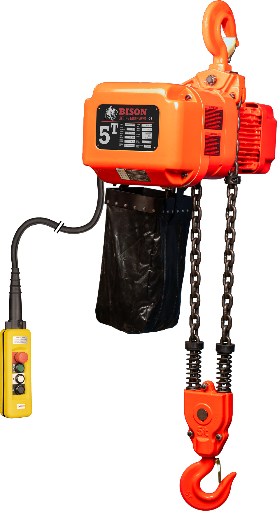 5 ton Electric Chain Hoist - Bison Lifting - Dual Speed, Three Phase, 20' Lift