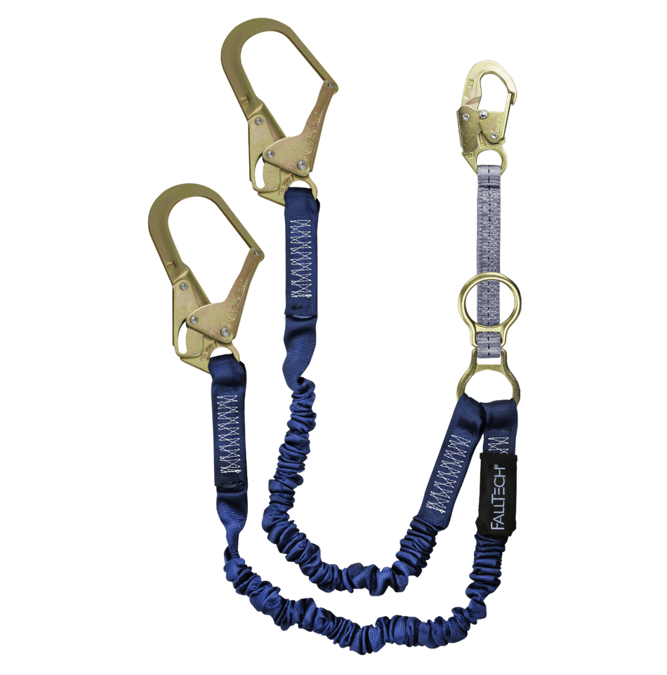 4.5' to 6' ElasTech Energy Absorbing Lanyard, Double-leg with SRL D-ring and Steel Rebar Hooks – 8240Y32D – FallTech
