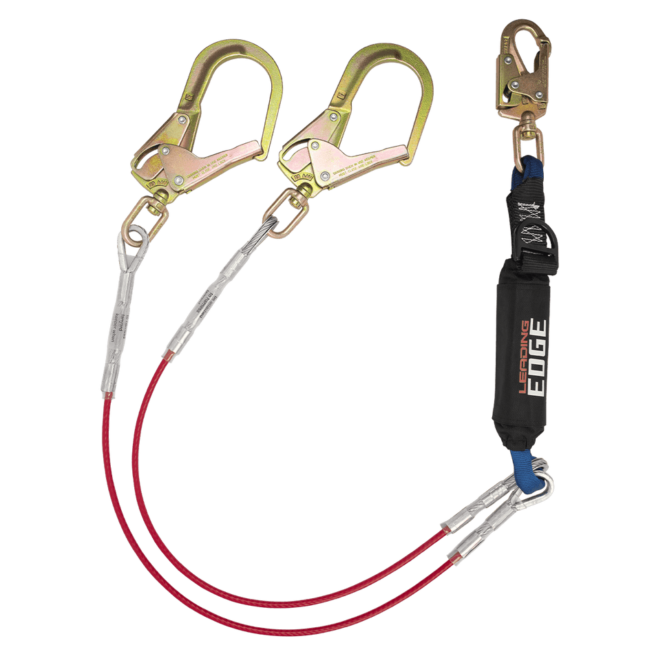 6' Leading Edge Cable Energy Absorbing Lanyard, Double-leg with Swivel Rebar Connectors and SRL D-ring – 8354LEYSS3D – FallTech
