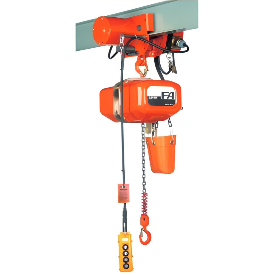 1 ton Electric Chain Hoist w/ Motorized Trolley - Elephant FBM - Two Speed 230/460v Three Phase