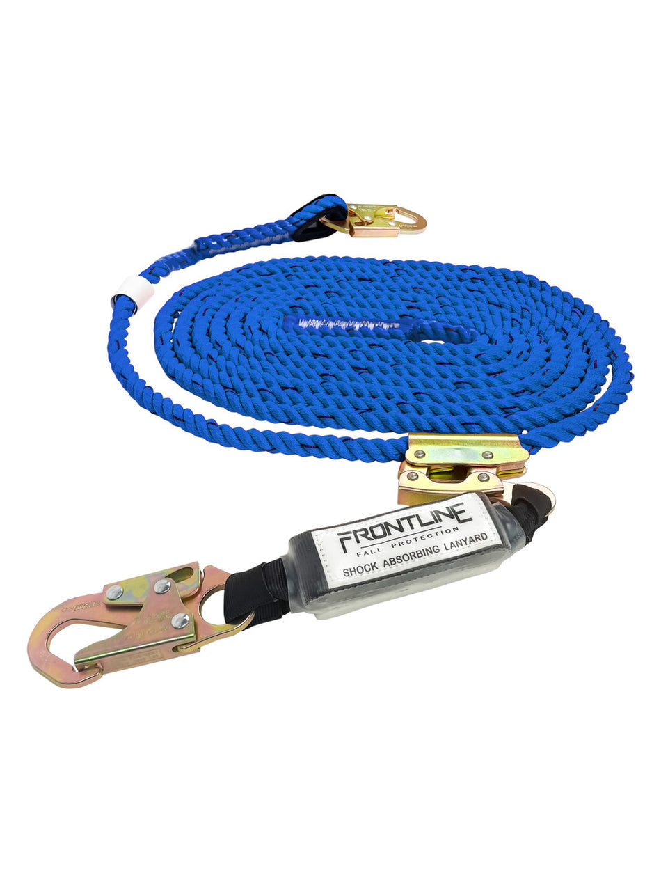 American Style Vertical Lifeline w/ 12" Shock Absorbing Lanyard & Manual Rope Grab - 50ft - Frontline