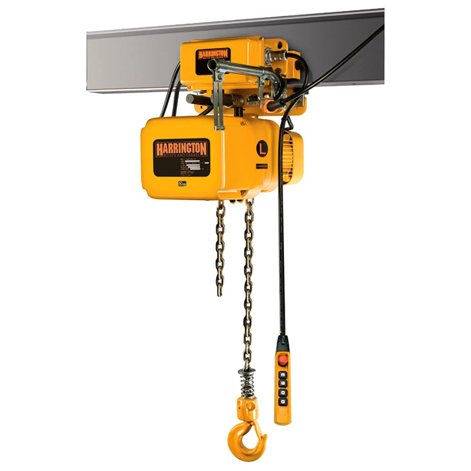 1/8 ton Electric Chain Hoist w/ Motorized Trolley - Harrington NERM Single Speed- 230/460v Three Phase