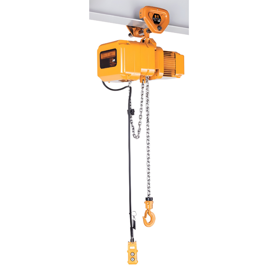 5 ton Electric Chain Hoist w/ Push Trolley - Harrington NERP - Single Speed 230/460v Three Phase