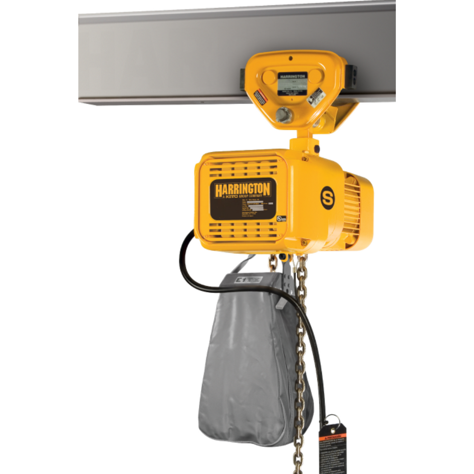 2 ton Electric Chain Hoist w/ Push Trolley - Harrington NERP - Single Speed 230/460v Three Phase