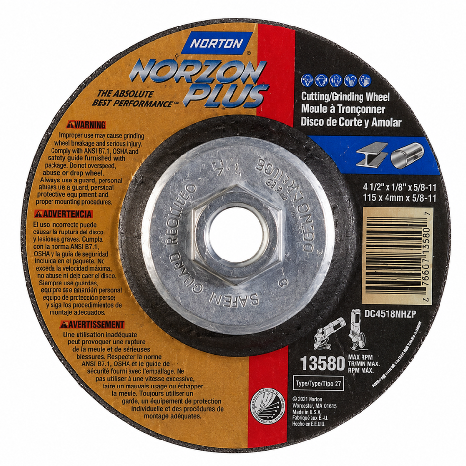 Type 27 NorZon Plus Depressed Center Grinding Wheel, 4-1/2 in x 1/8 in, 24 Grit - Norton