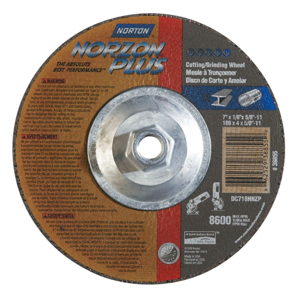 Type 27 Depressed Center Grinding Wheel, 7 in, 24 Grit, NorZon Plus - Norton