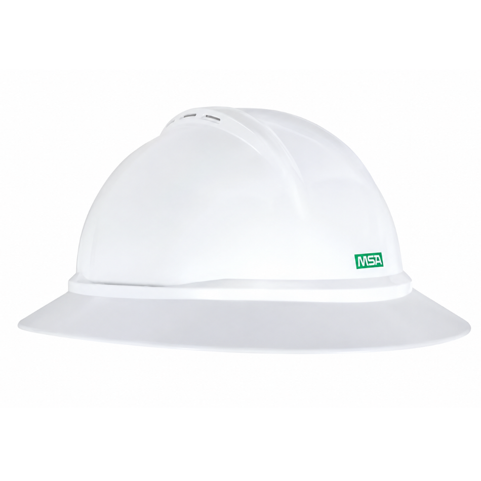 V-Gard 500 Non-Vented Full Brim Hard Hat, White, with Fas-Trac III Suspension - MSA