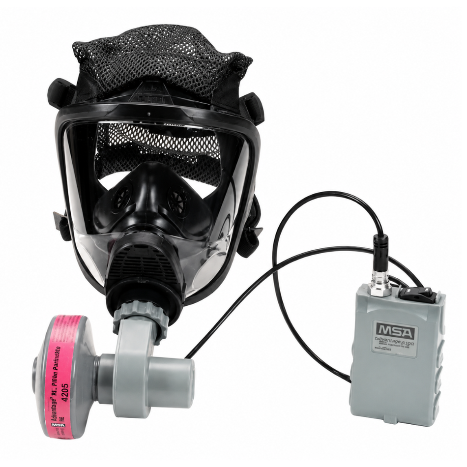 Advantage 4100 OptimAir Mask-Mounted PAPR with Facepiece, Black Silicone with Rubber Harness - MSA