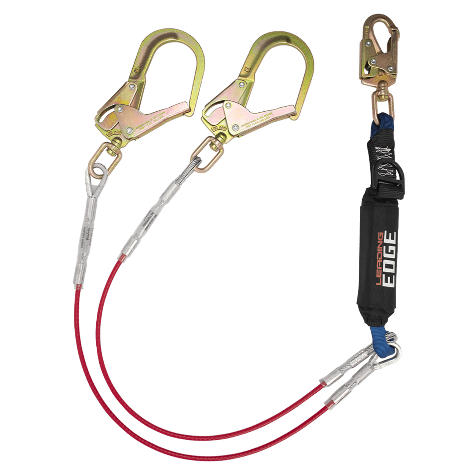 6' Leading Edge Cable Energy Absorbing Lanyard, Double-leg with Swivel Rebar Connectors and SRL D-ring – 8354LEYSS3D – FallTech
