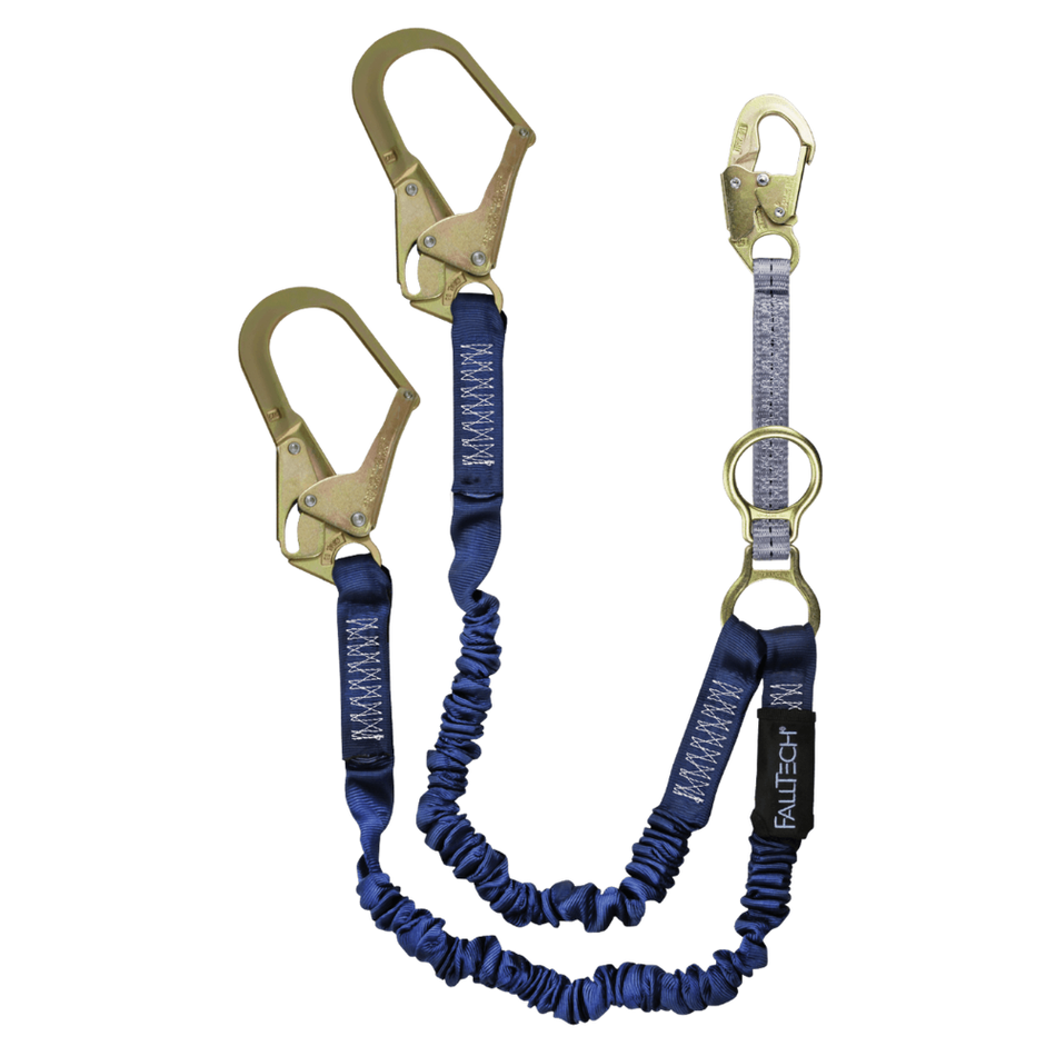 4.5' to 6' ElasTech Energy Absorbing Lanyard, Double-leg with SRL D-ring and Steel Rebar Hooks – 8240Y32D – FallTech