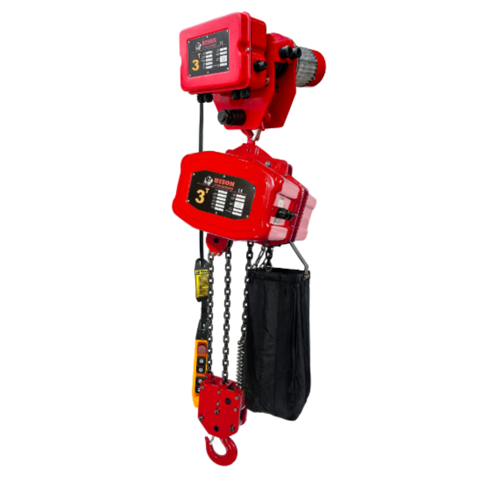 3 ton Electric Chain Hoist w/ Motorized Trolley - 20ft Lift - Single Speed, Single Phase - Bison Lifting