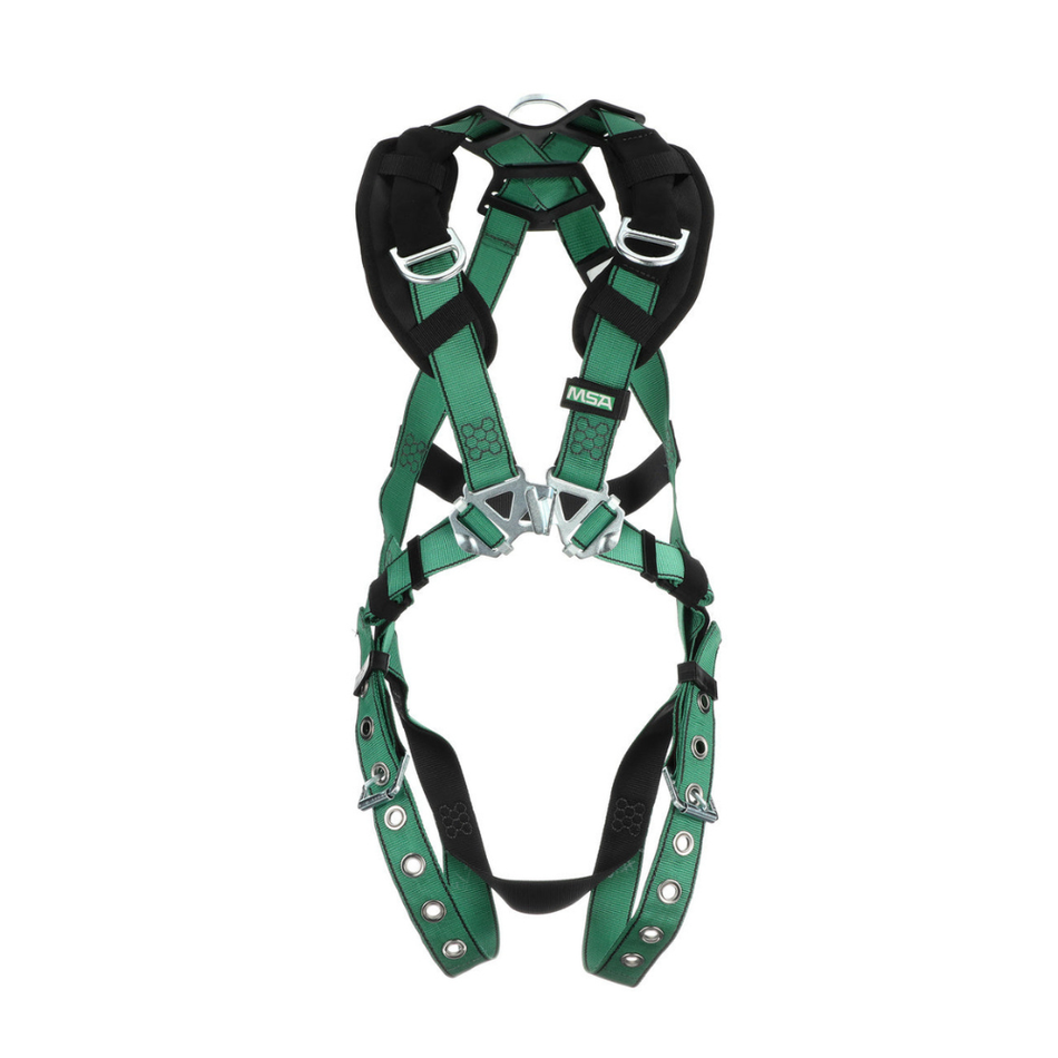 V-FORM Construction Safety Harness - Tongue Buckle Leg Straps, Back & Hip D-Ring - Shoulder Padding - MSA