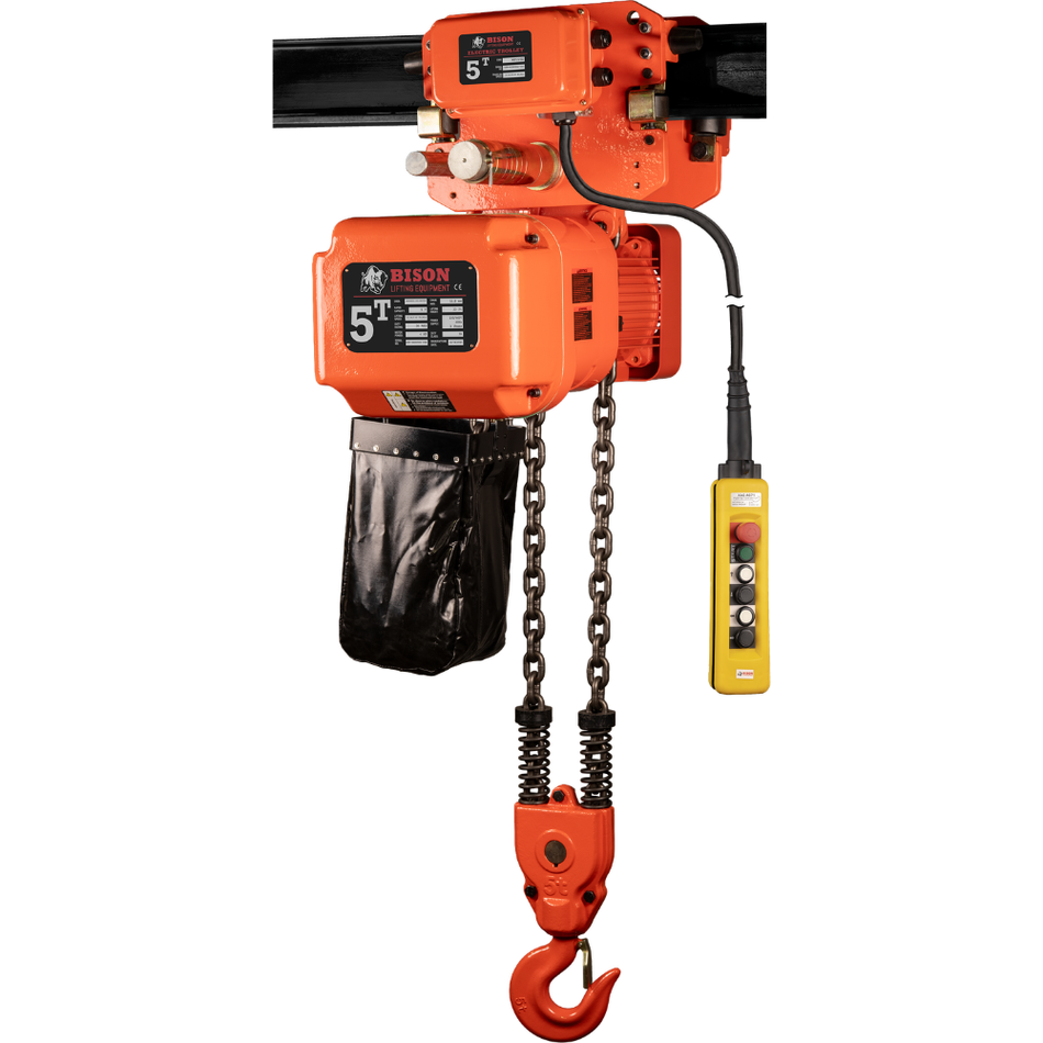 5 ton Electric Chain Hoist w/ Motorized Trolley - 20ft Lift - Dual Speed, Three Phase - Bison Lifting