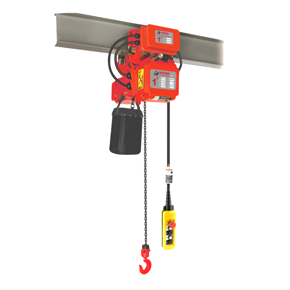 1 ton Electric Chain Hoist w/ Motorized Trolley - Single Speed, Three Phase - Bison Lifting