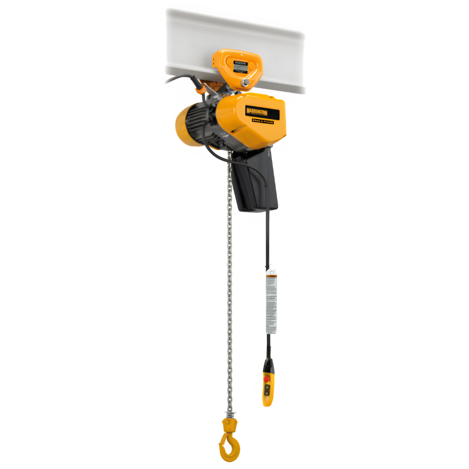 1 ton Electric Chain Hoist w/ Push Trolley - Harrington EQP - Two Speed 230/460v Three Phase