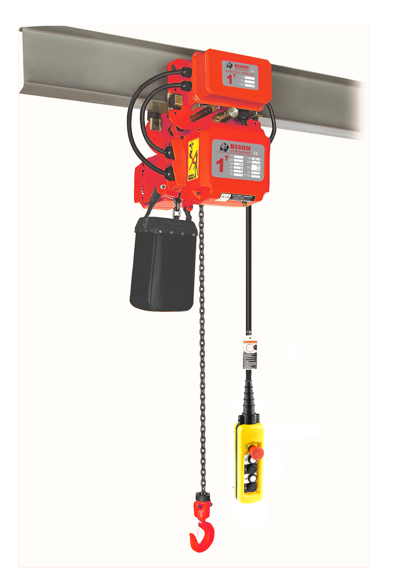 2 ton Electric Chain Hoist w/ Motorized Trolley - Bison Lifting - Dual Speed, Three Phase, 20' Lift