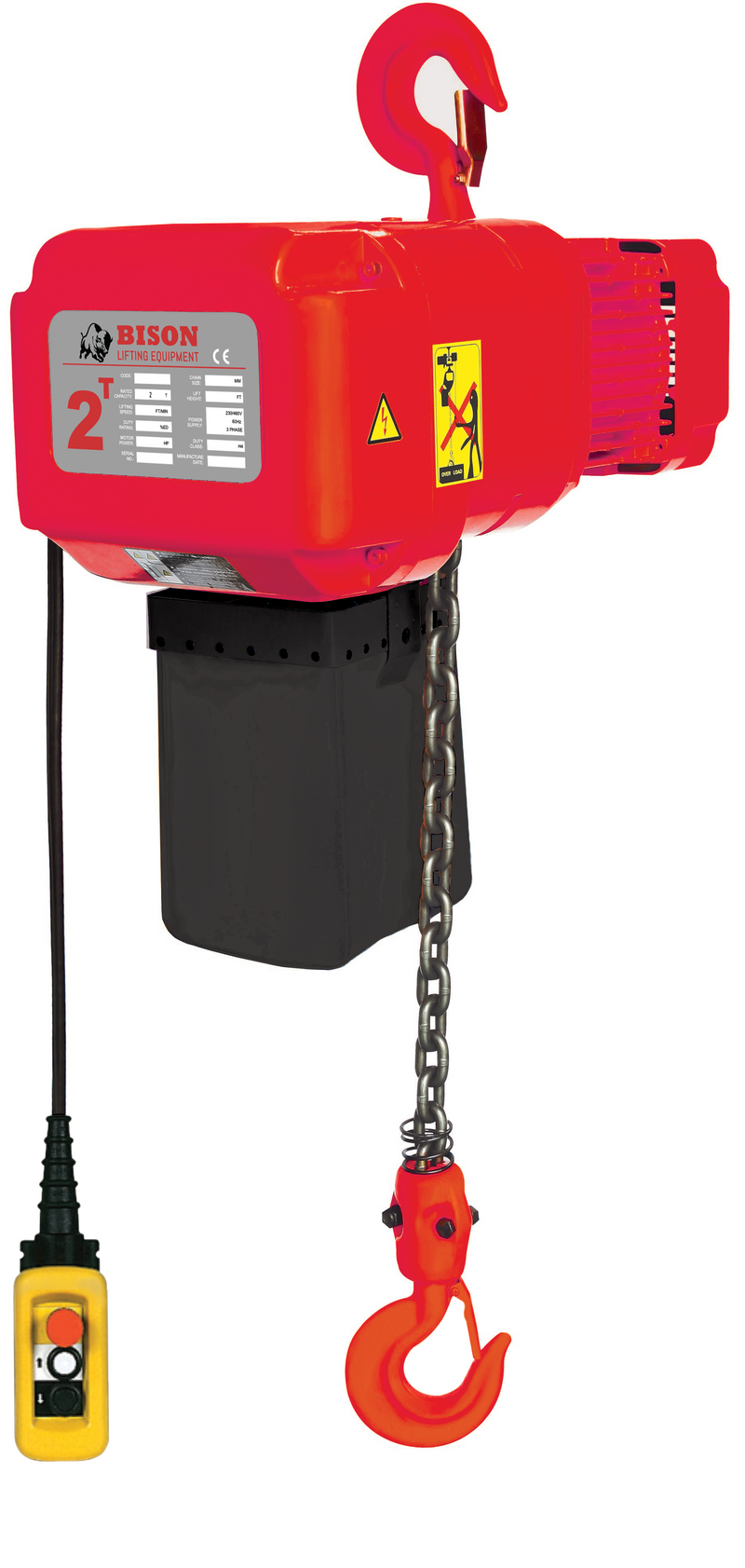 2 ton Electric Chain Hoist - Bison Lifting - Single Speed, Three Phase, 20' Lift
