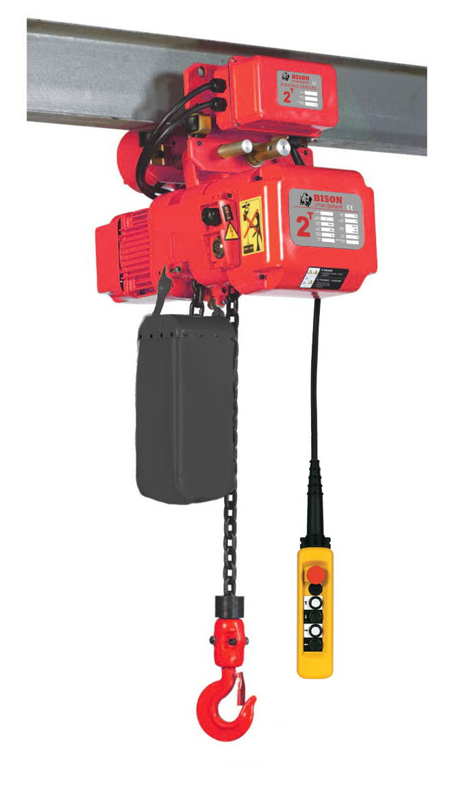 2 ton Electric Chain Hoist w/ Motorized Trolley - Bison Lifting - Single Speed, Three Phase, 20' Lift