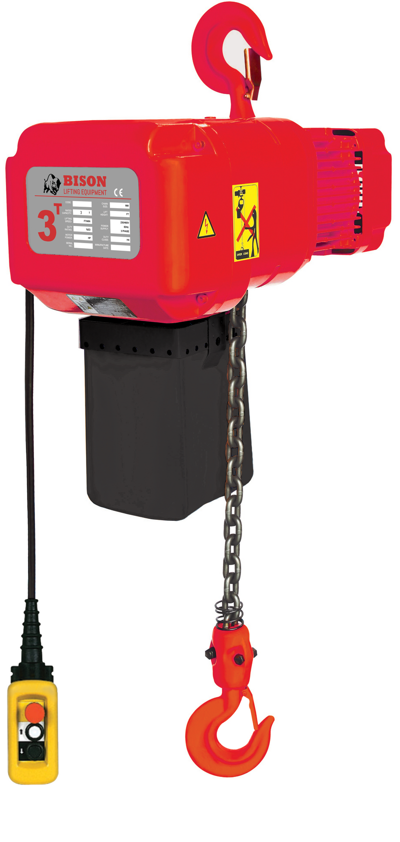 3 ton Electric Chain Hoist - Bison Lifting - Single Speed, Three Phase, 20' Lift