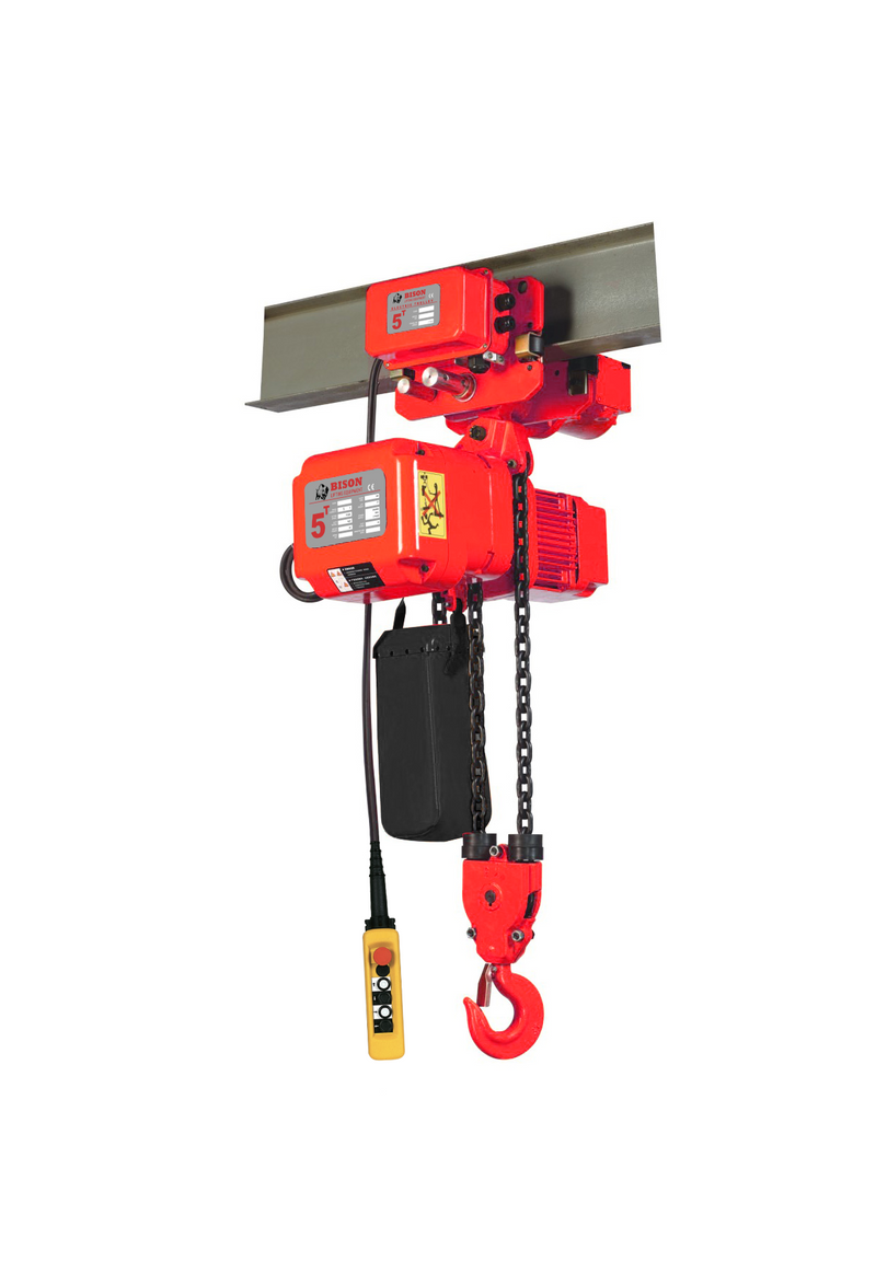 5 ton Electric Chain Hoist w/ Motorized Trolley - Bison Lifting - Dual Speed, Three Phase, 20' Lift