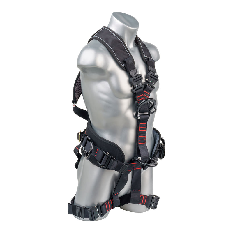 Safety Harness, 5pt,  Padded Legs Sewn In, 1 Back D-Ring, 2 Hip D-Rings, 2 Front D-Rings